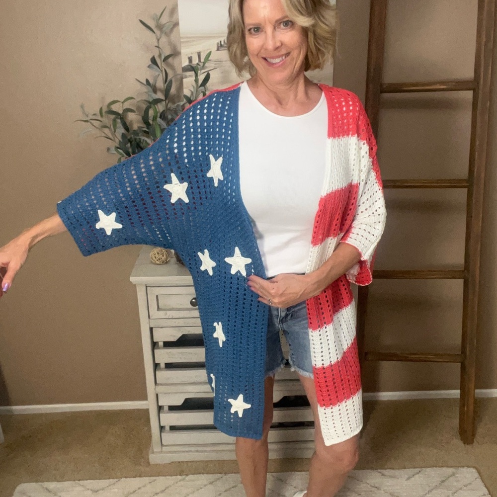 BiBi Red and White Cardigan Sweater with Patriotic Design - Picture 2 of 7
